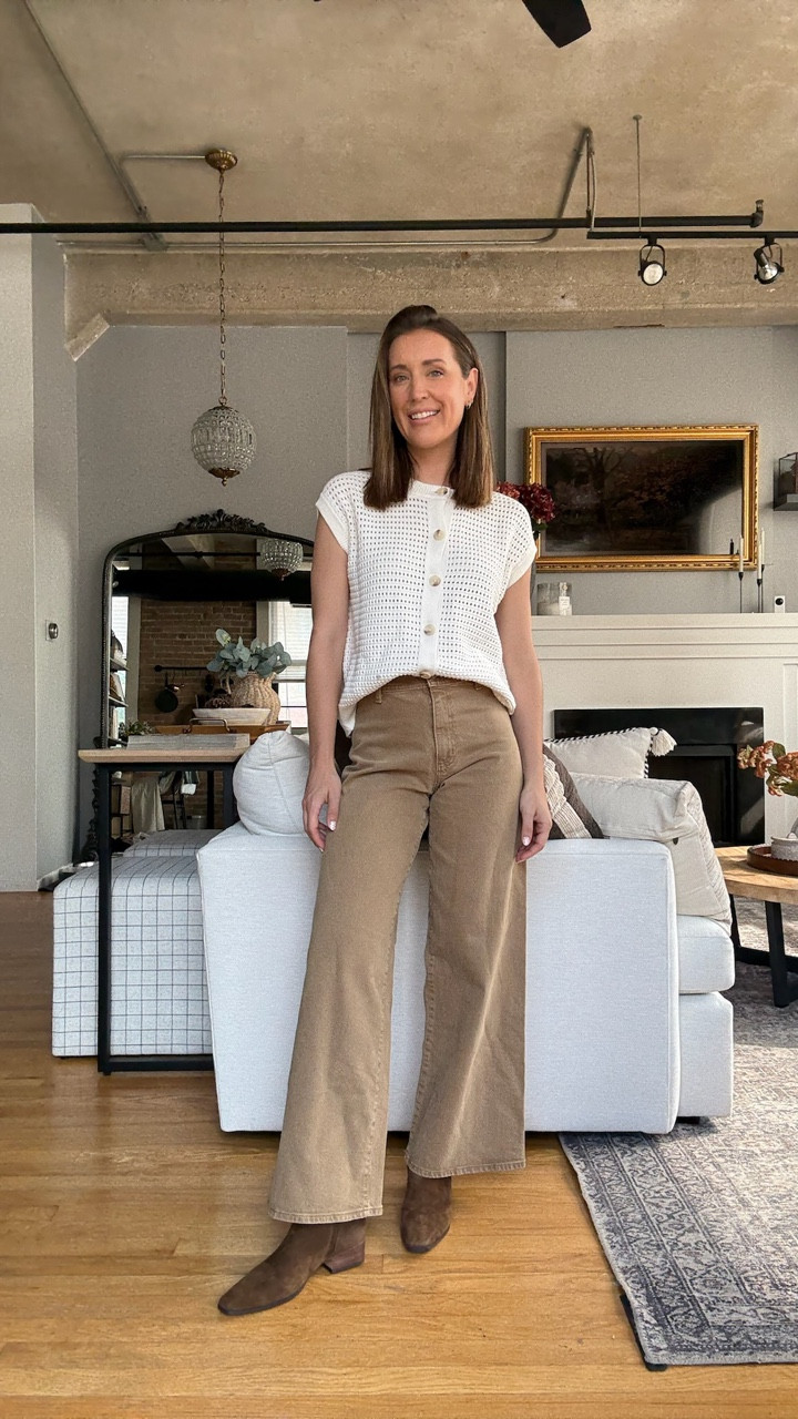 Target Tuesday fall fashion haul! Cream button down sweater vest cardigan with tan sailor jeans and brown suede booties. Teacher outfit. Fall outfit. Preppy outfit. 

#LTKWorkwear #LTKOver40 #LTKFindsUnder50