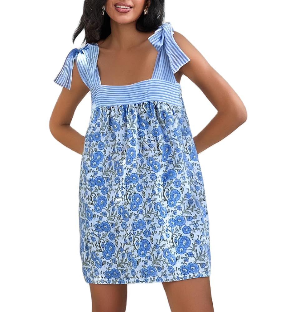 Women Floral Tie Shoulder Mini Dress Cute Square Neck Loose Fit Beach Short Dress Backless Boho V... | Amazon (US)