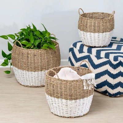 Honey-Can-Do Round Nesting Seagrass 2-Color Baskets with Handles (Set of 3), Brown/White | Ashley