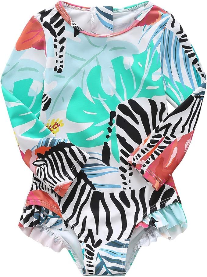 Baby Girls One Piece Swimsuits Long Sleeve Rash Guard Zipper Back Bathing Suit Sun Protection UPF... | Amazon (US)