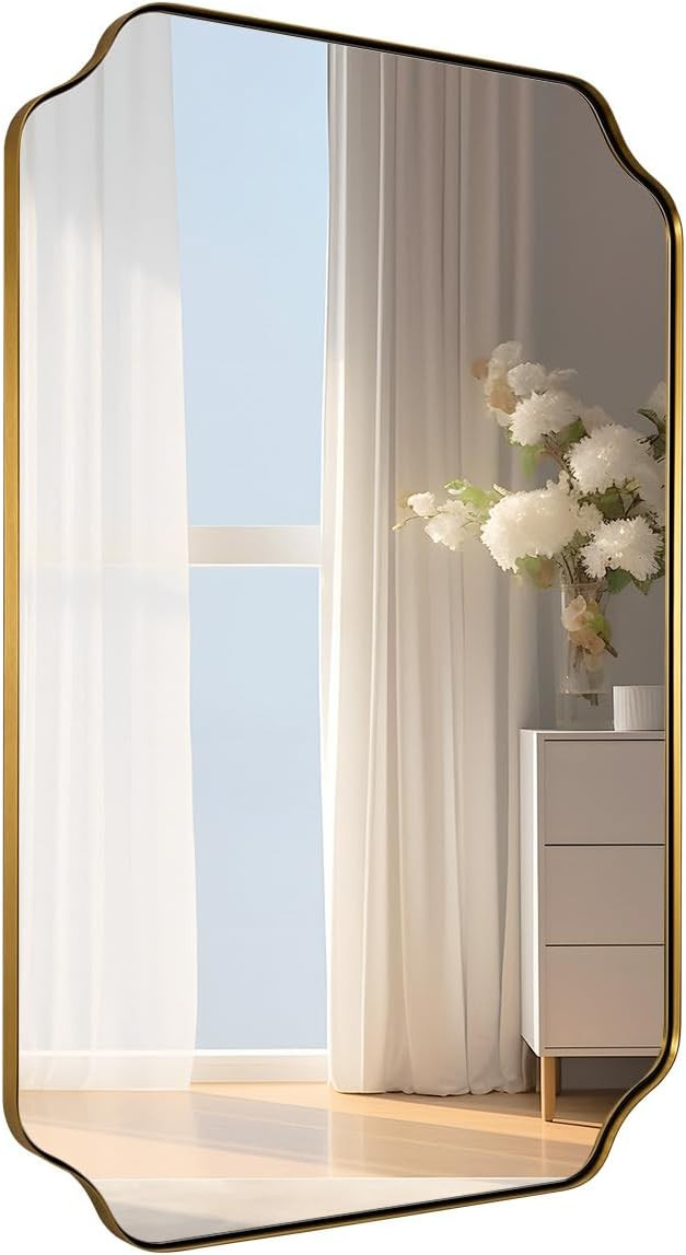 MIRRORART Gold Bathroom Mirror 24x36 Inch, Scalloped Mirrors for Bathroom Sink, Notched Corner Re... | Amazon (US)