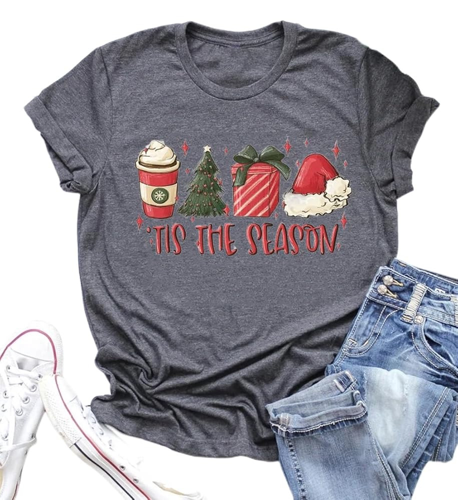 Christmas Shirts for Women Funny Christmas Decoration Element Graphic Shirts Tree Light Letter Pr... | Amazon (US)
