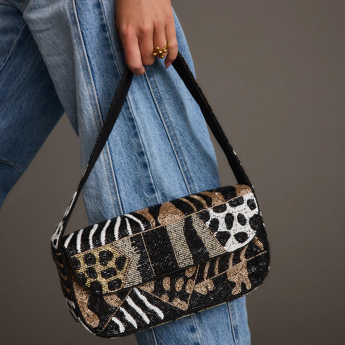 Lucy Black Beaded Animal Printed Bag | 12th Tribe