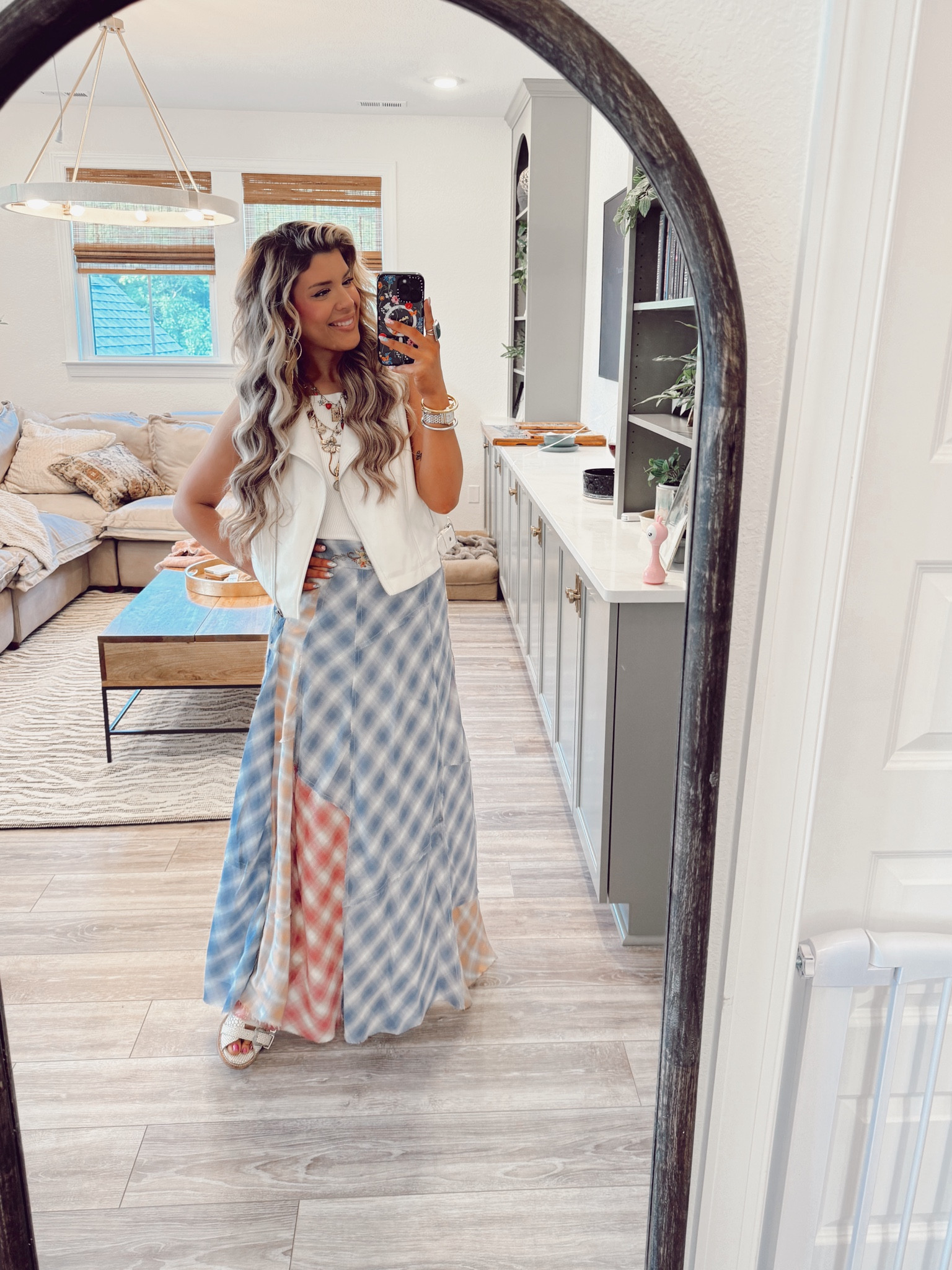 Tank-Klassy 
Skirt- Arrata
Shoes- old Free Bird
Vest- old Anthro 
Necklace- Free People 
Earrings- Highway Hippie 
Watch- Watch Edit 
Ring- Goldie Lew
Bangles- Nordstrom 