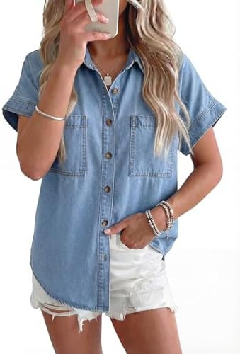Sidefeel Women's Button Down Denim Shirt Collared Short Sleeve Jean Shirt Blouse with Pockets | Amazon (US)