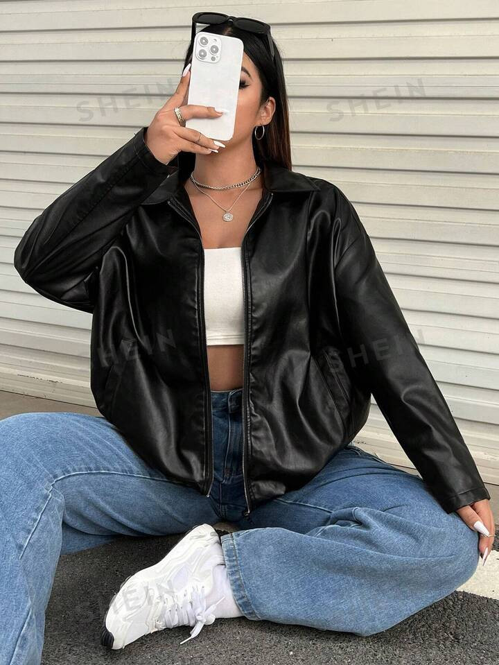 SHEIN EZwear Plus Drop Shoulder Zip Up PU Leather Jacket | SHEIN
