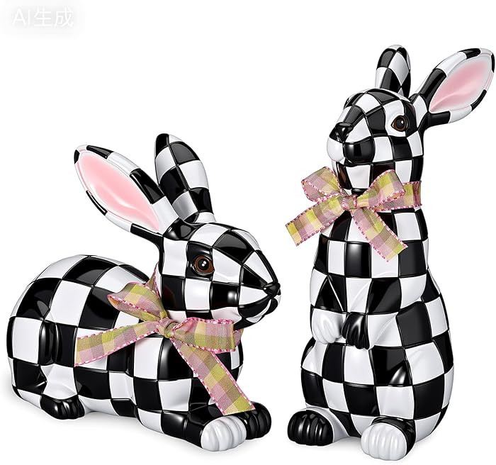 Yookeer 2 Pcs Easter Black and White Bunny Decor Easter Check Plaid Rabbit Statues Gift Decoratio... | Amazon (US)