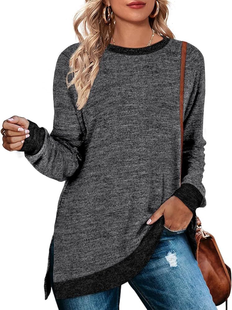 WEESO Women's Long Sleeve Sweatshirts Color Block Crewneck Sweaters Tunic Tops | Amazon (US)