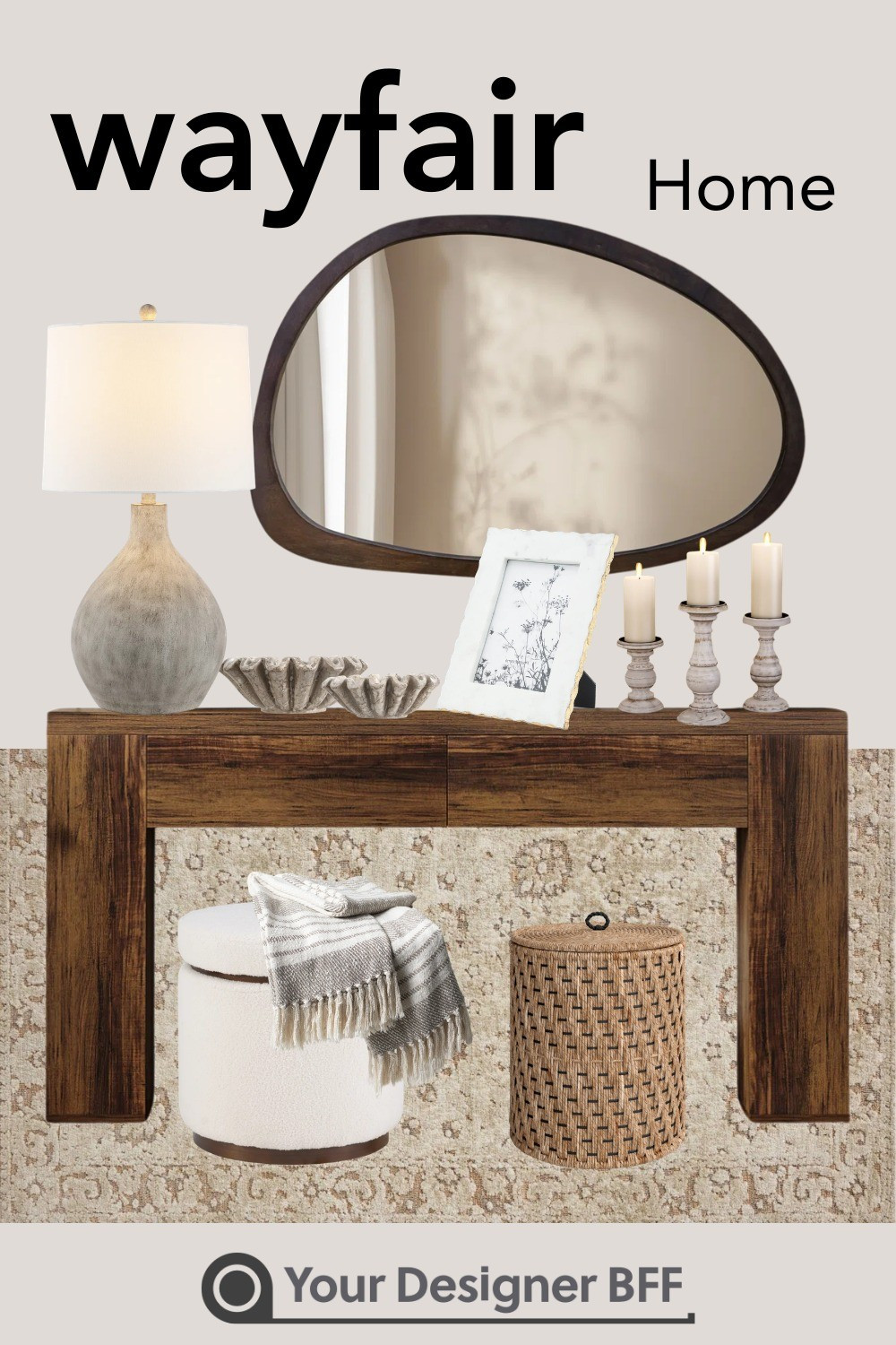 Warm, cozy entryway styling 🤎Elevated everyday pieces from Wayfair creating the perfect mix of texture and function.Layering rich wood tones with soft neutrals, woven accents, and subtle vintage-inspired details for that effortlessly curated look. From the statement table lamp to the patterned rug and cozy pouf, every piece adds warmth and charm.Perfect for making your entry feel inviting the moment you walk in ✨#LTKhome #WayfairFinds #EntrywayDecor #NeutralHome #CozyStyle

#LTKHome