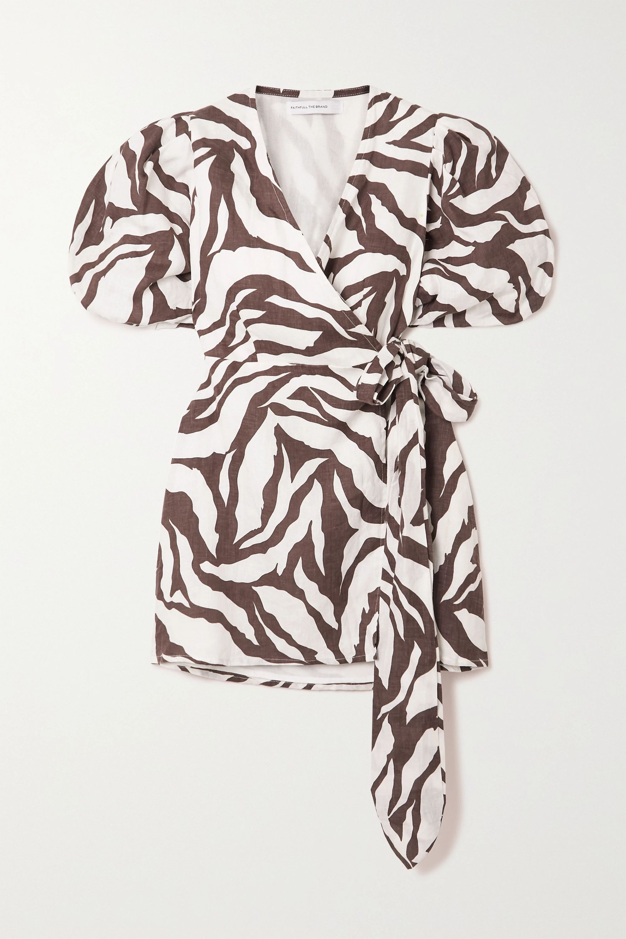 Brown + NET SUSTAIN Godiva zebra-print linen wrap mini dress | Faithfull The Brand | NET-A-PORTER | NET-A-PORTER (UK & EU)