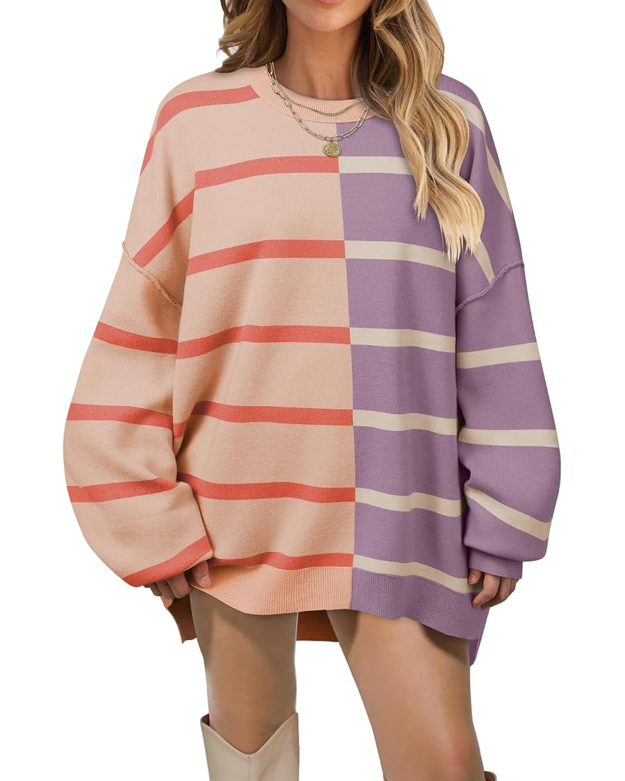 MEROKEETY Women's 2023 Striped Oversized Sweater Long Sleeve Color Block Casual Knit Pullover Top | Amazon (US)