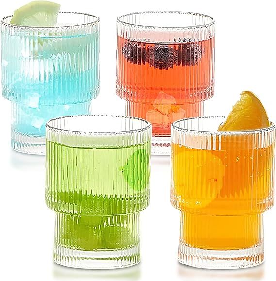 Lvtrupc Ribbed Glass Cups Set, Coffee Bar Accessories, Vintage Glassware for Whiskey Cocktail Bee... | Amazon (US)