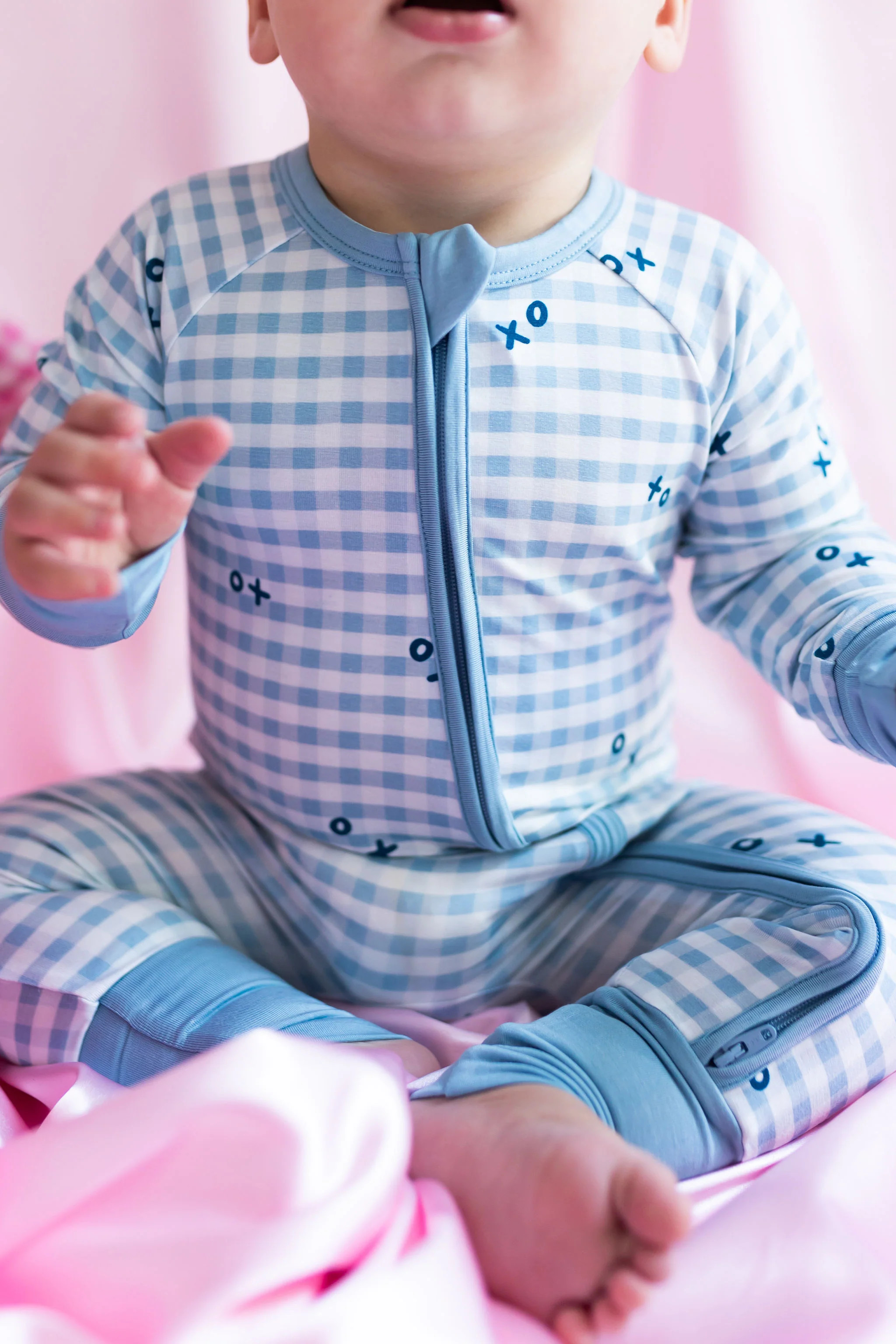 Blue XO Gingham Zipper Romper | In My Jammers