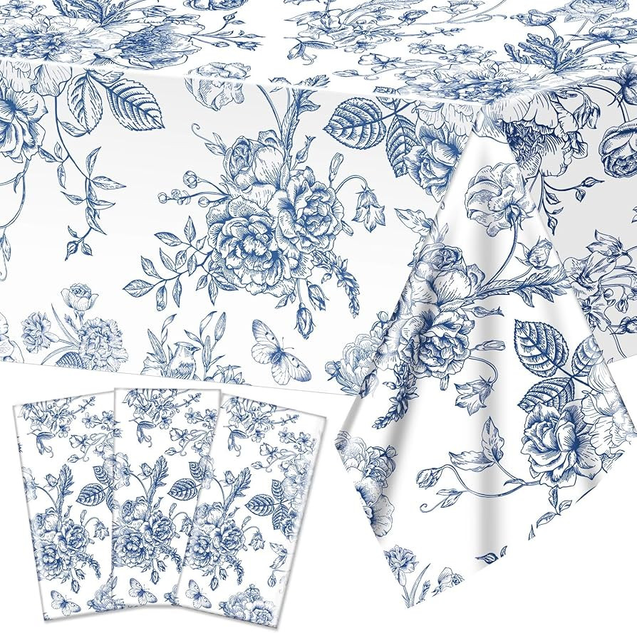 Wiooffen 3Pcs Blue Floral Plastic Tablecloth Vintage Rectangle Table Cover Blue White Porcelain T... | Amazon (US)