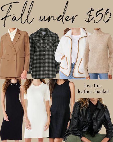 Kat Jamieson shares her fall favorites under $50. Blazer, plaid, Sherpa jacket, turtleneck, midi dress, workwear, leather shacket, neutral style. 

#LTKSeasonal #LTKworkwear #LTKunder50