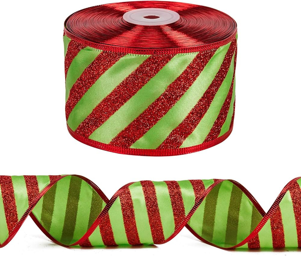 LaRibbons Wired Christmas Holiday Ribbon - Green with Red Glitter Stripe Ribbon - 2.5 inch x 25 Y... | Amazon (US)