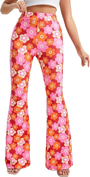Romwe Women's Bootcut High Waisted Yoga Pants Sunflower Print Wide Leg Pants Trousers | Amazon (US)