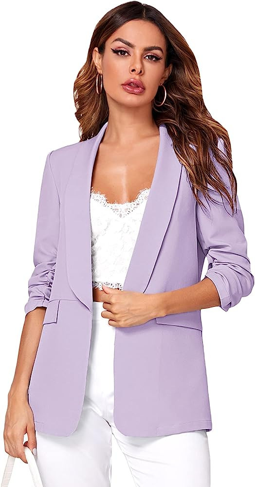 WDIRARA Women's Open Front Ruched Half Sleeve Blazer Elegant Office Work Jacket | Amazon (US)