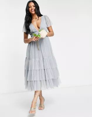 Lace & Beads Bridesmaid Madison v neck tulle dress in dusty blue | ASOS (Global)