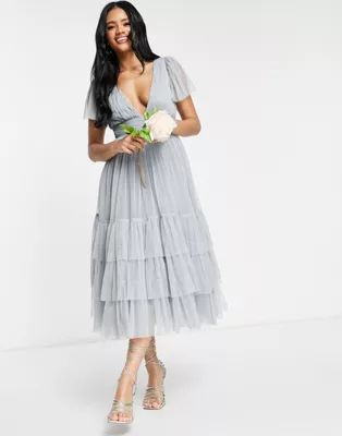 Lace & Beads Bridesmaid Madison v neck tulle dress in dusty blue | ASOS (Global)