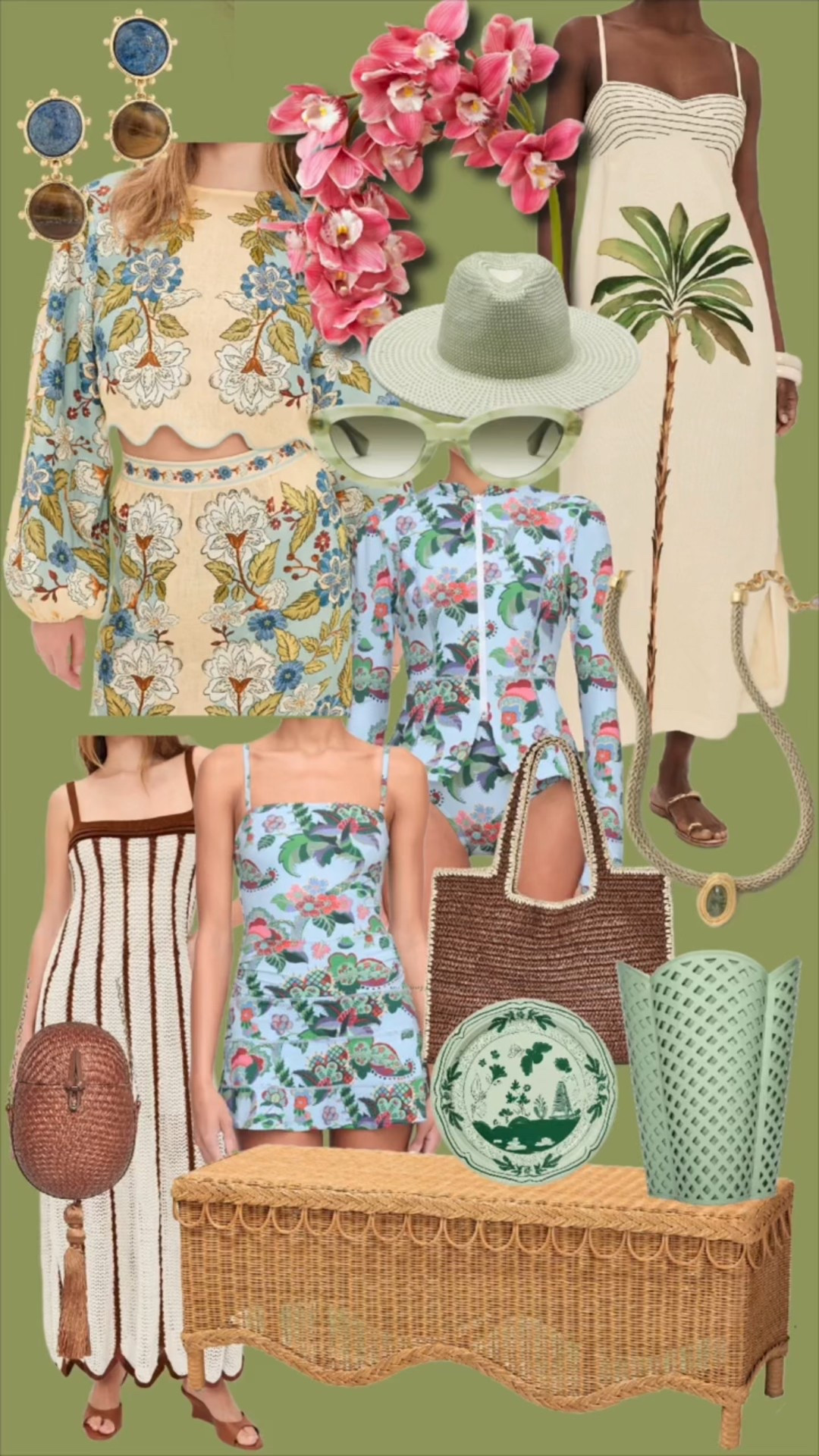 Think palm print maxi dresses, floral matching sets, and easy tropical minis styled with woven tote bags, raffia clutches, and oversized sunglasses. The mix of soft sage, leafy prints, and natural textures feels like a warm weather getaway in outfit form.

#LTKHome #LTKTravel