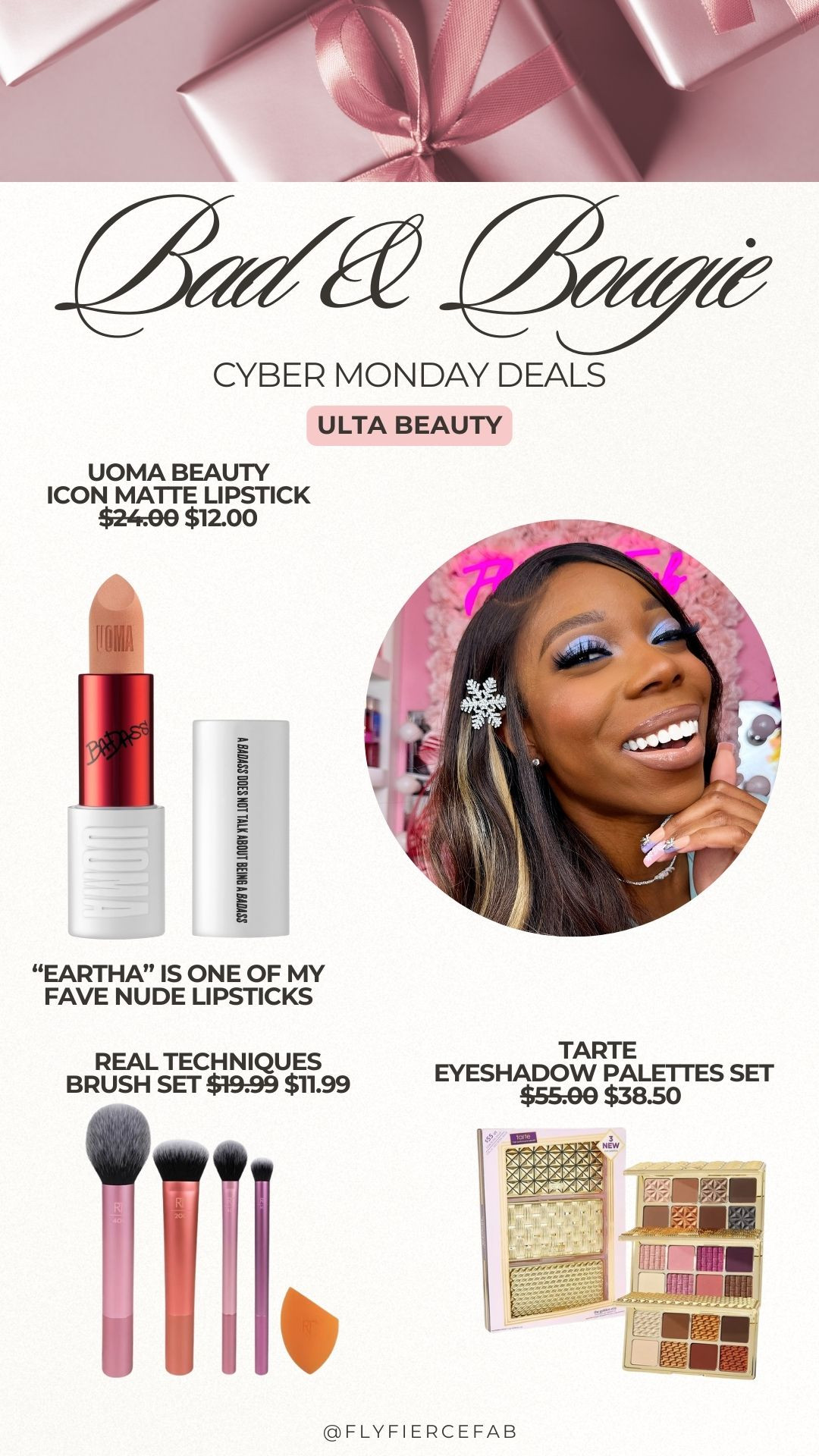 There are a lot of great makeup and beauty deals going down today at Ulta for Cyber Monday. Here's some that I think are too good to miss!

💖 Uoma Beauty (Black Owned Brand) Icon Matte Lipstick. I'm wearing it here in the shade Eartha, and it's one of my fave nude lipsticks.

💖 Real Techniques Brush Set. The brushes in their sets are always good quality, I use them on a regular basis.

💖 Tarte Cosmetics Golden Era Collector's Set Eyeshadow Palettes. I got this set of three palettes recently, and I can't wait to use it to do some holiday makeup looks.

🎅🏾 Gifts for her
 

 #LTKCyberWeek #LTKGiftGuide #LTKHoliday