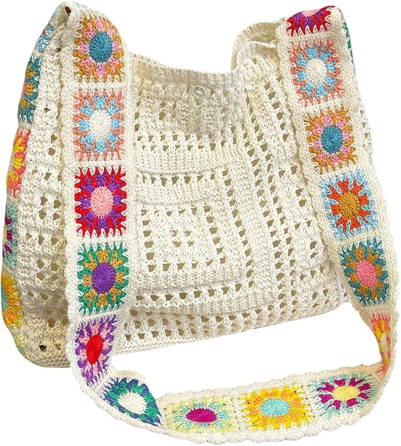 QWINEE Women's Boho Embroidery Crossbody Bag Hollow Out Crochet Knit Shoulder Bag Tote Handbag | Amazon (US)