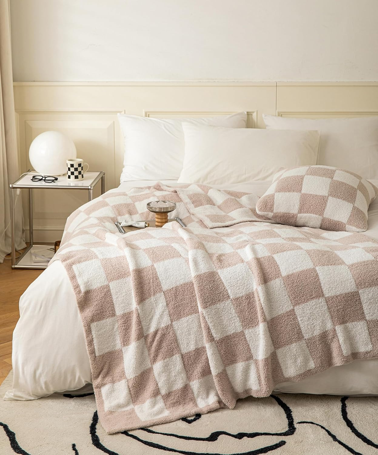 Ultra Soft Cozy Buffalo Checkerboard Grid Fluffy Microfiber Knitted Throw Blanket Lightweight Fleece Checkered Blanket for Sofa Couch Bed Travel Cream 51"X63" | Amazon (US)