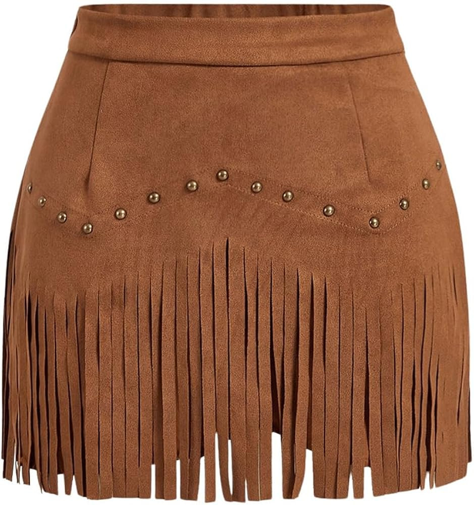 SweatyRocks Women's Faux Suede Fringe Skirt High Waisted Tassel Mini Cowgirl Skirts | Amazon (US)