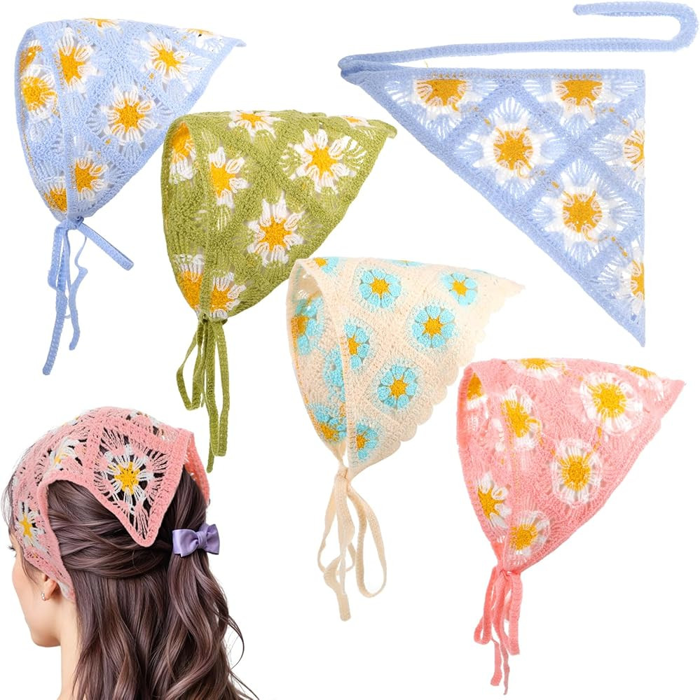 4PCS Crochet Bandanas Headbands, Foral Knitted Floral Daisy Headscarf with Tie-Back Vintage Scarf... | Amazon (US)