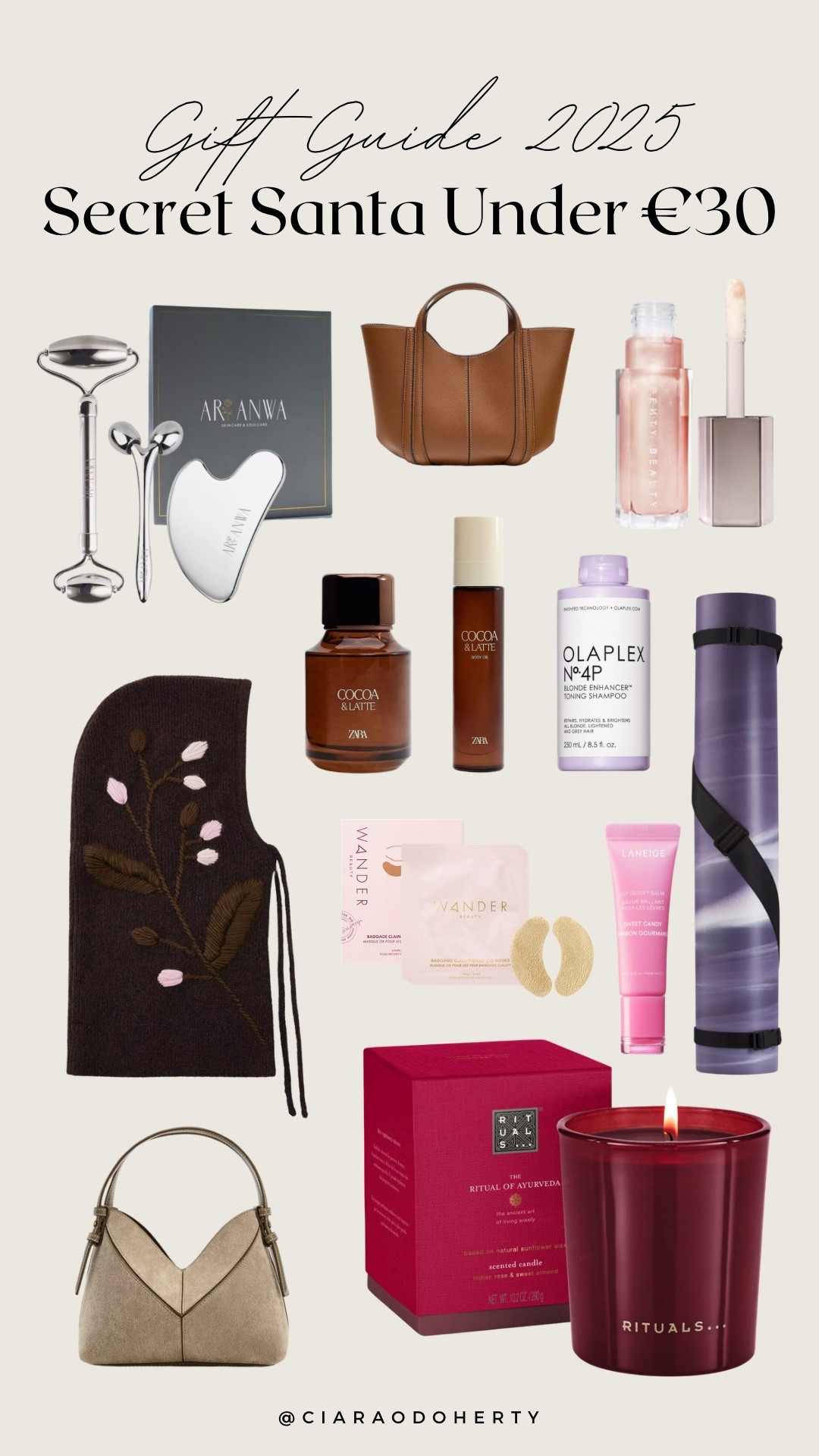 Gift guide 2025: Secret Santa - Under €30
Zara handbag, ritual candle, eye patches, olaplex, fenty lipgloss, laneige, yoga mat 

#LTKfestive #LTKeurope #LTKireland