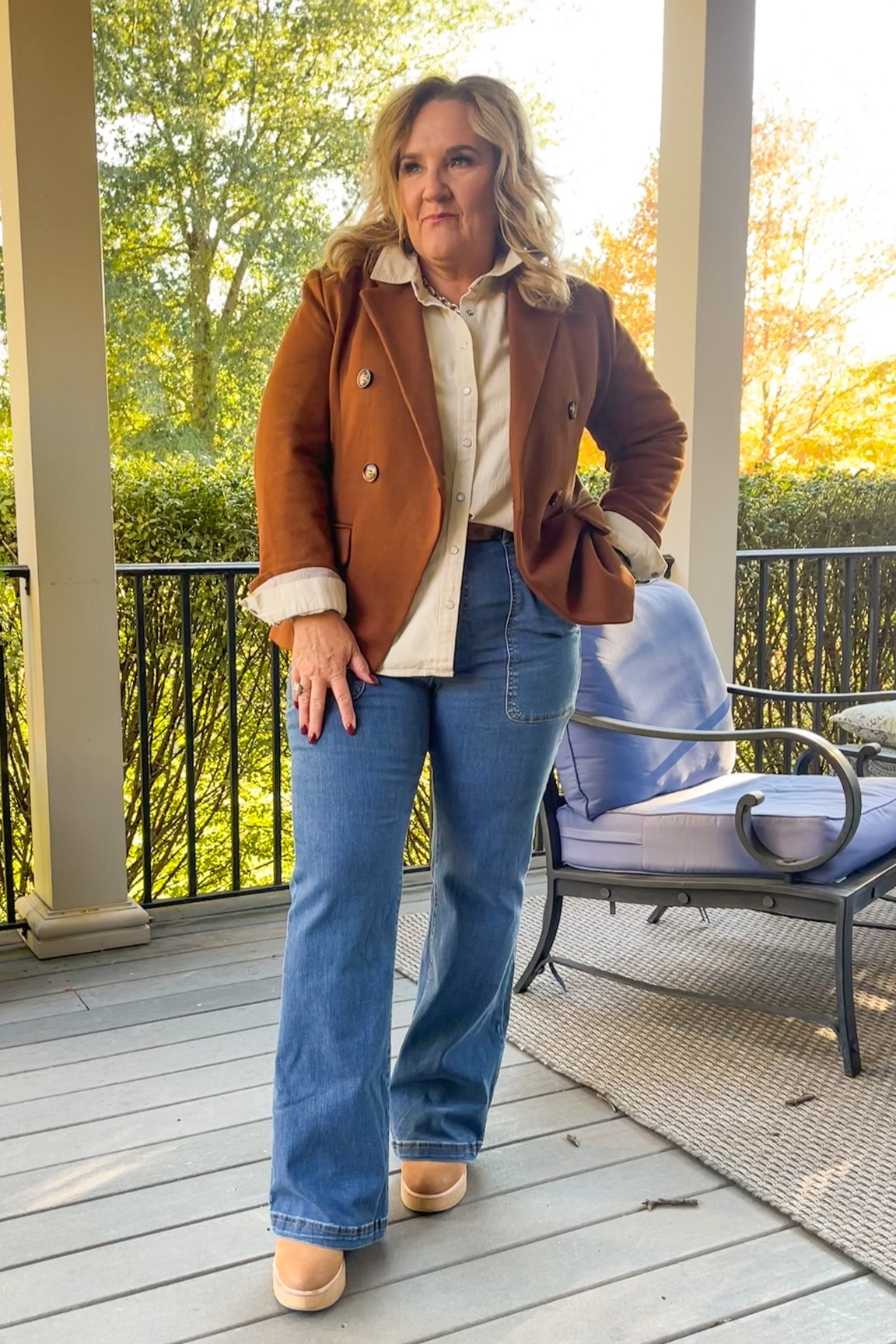 Fall small casual outfit. I wire this to a casual dinner at a friends house. The ecru denim shirt makes the outfit more casual. 

Blazer is knit so actually is quit comfortable. Use code NANETTE10 for 10% off your order. I’m in an XL. 

Denim is tts. Nice stretch. Comes in black too  

#LTKHalloween #LTKSeasonal #LTKunder100
