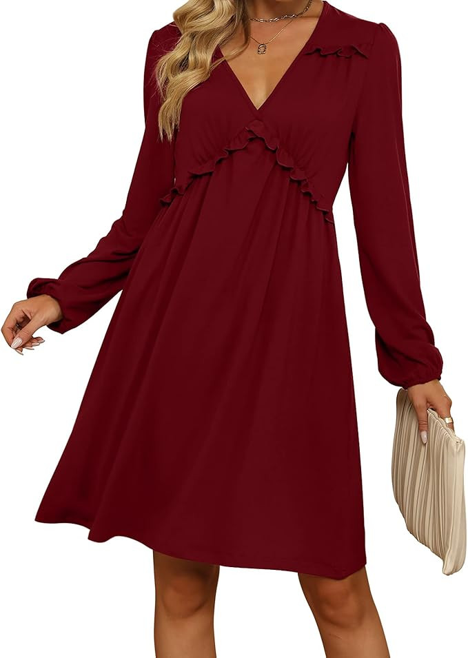 Aokosor Long Sleeve Dresses for Women Fall 2023 Sexy V Neck Dress Fashion Low Cut Outfits | Amazon (US)