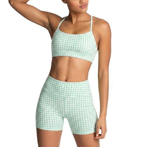 ABOCIW Gingham Workout Sets for Women 2 Piece Outfits Cross Back Sports Bra High Waist Biker Shorts Athletic Clothes Active Wear Yoga Pilates Outfits Gym Matching Sets Gingham Green X-Small | Amazon (US)