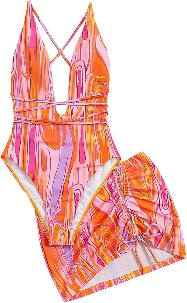 Women's Graphic Strappy Backless V Neck One Piece Swimsuit with Cover Up Beach Skirts Bathing Sui... | Amazon (US)