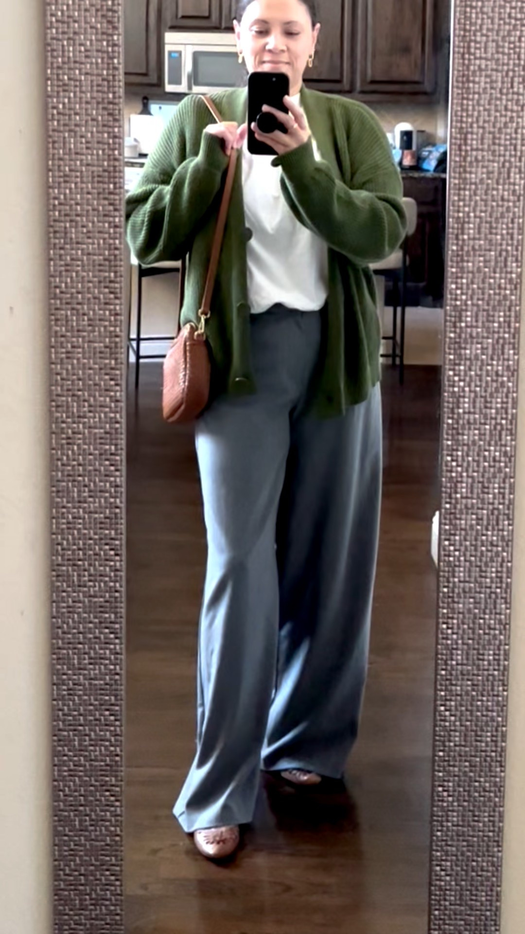 Word outfit. Love the green cardigan with tan/cognac accessories especially this Quince bag! And these gray trousers are very comfortable.

#LTKWorkwear #LTKMidsize #LTKootd