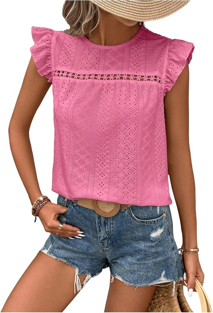 Floerns Women's Boho Eyelet Embroidery Ruffle Cap Sleeve T Shirt Crew Neck Vacation Elegant Blous... | Amazon (US)