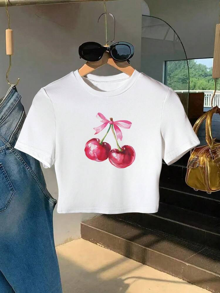 INAWLY Cherry Print Round Neck Women's T-Shirt, Summer | SHEIN