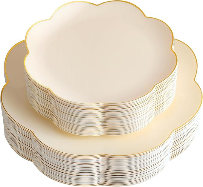 supernal 60pcs Ivory Gold Plastic Plates Heavy Duty Scalloped Plastic Plates Disposable Cream Col... | Amazon (US)
