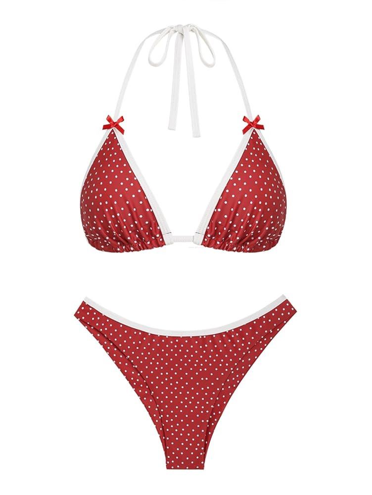 seamoly Women‘s Bikini Sets Two Piece Swimsuit Textured Halter Triangle Thong Bikini Set | Amazon (US)