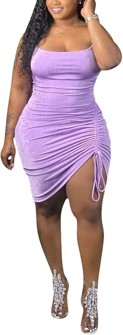 Halfword Womens Plus Size Sexy Ruched Drawstring Summer Spaghetti Strap Sleeveless Party Midi Dress | Amazon (US)
