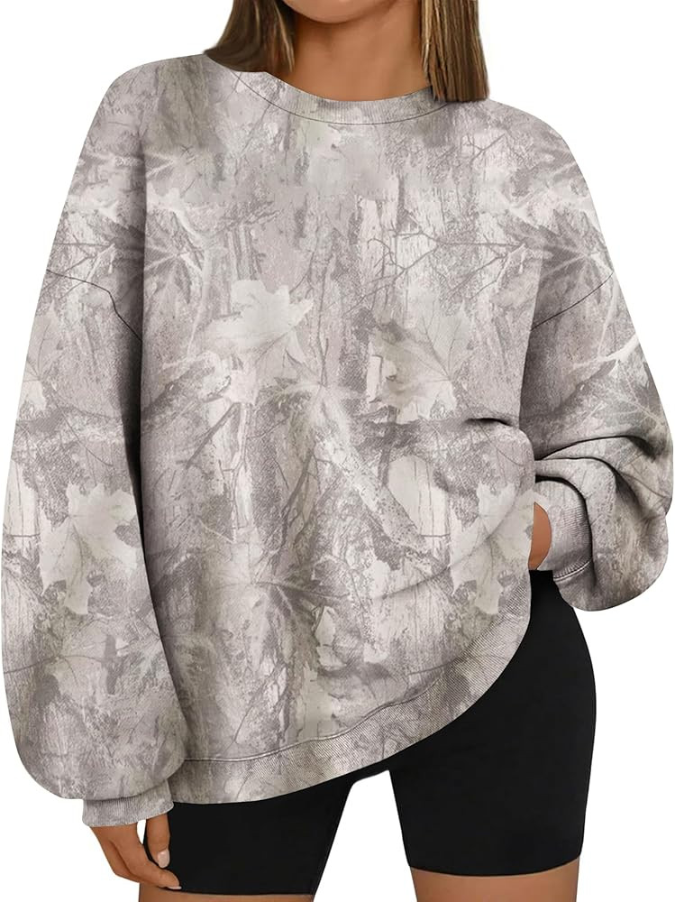 Camo Sweatshirt for Women Mens Oversized Fleece Maple Leaf Print Hoodies Camouflage Crewneck Long... | Amazon (US)