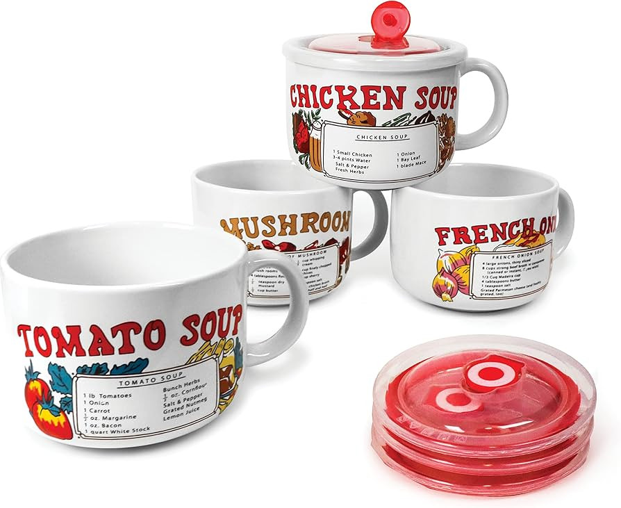 Old & Bold - 4 27 Oz Soup Bowls With Lids - Retro Soup Recipe Ceramic Mugs With Vented Lids and H... | Amazon (US)