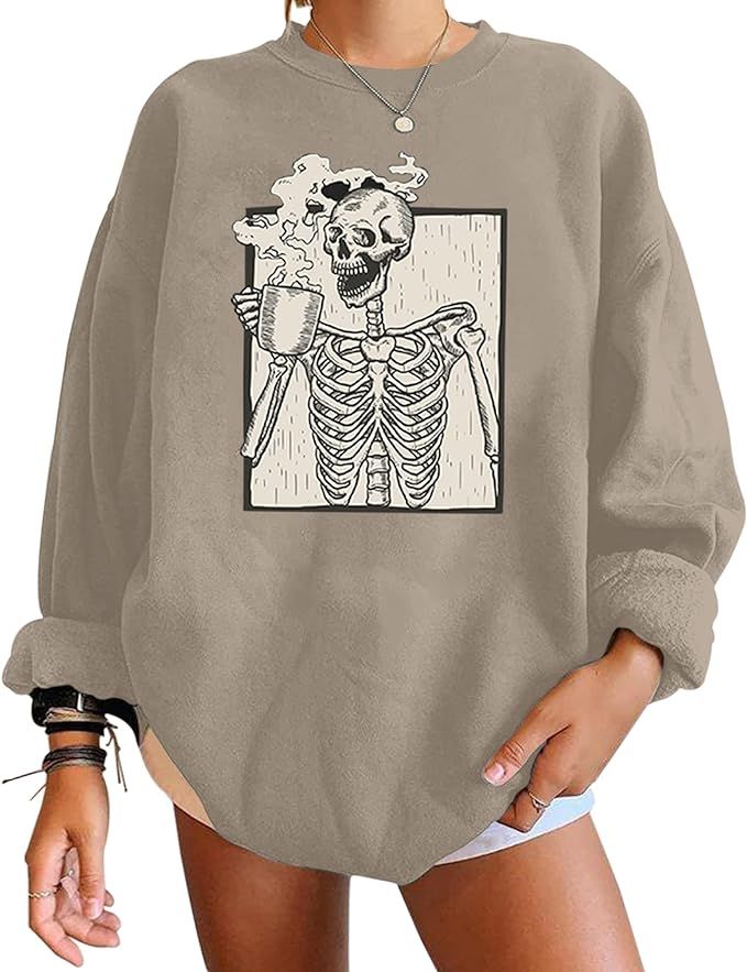 Meladyan Halloween Skull Graphic Print Fleece Oversized Sweatshirt Crewneck Long Sleeve Drop Shou... | Amazon (US)