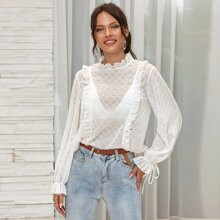 Double Crazy Ruffle Trim Knot Sleeve Semi Sheer Top Without Bra | SHEIN