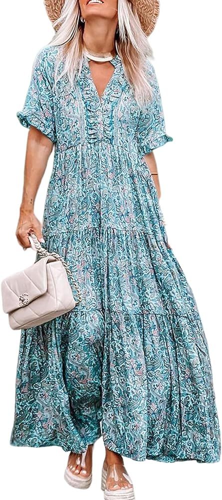 Acelitt Womens Casual Short Sleeve V Neck Ruffle Tiered Swing Floral Boho Long Maxi Dress, S-XL | Amazon (US)