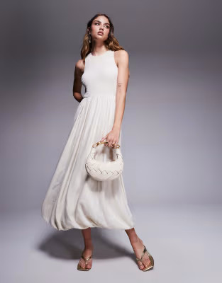 River Island puffball linen midi dress in cream | ASOS (Global)