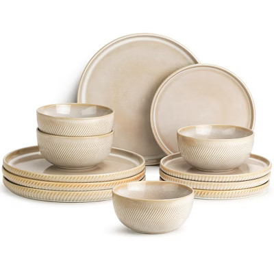 Itopfox 12-Piece Stoneware Dinnerware Set, Scratch Resistant Plates and Bowls, Dishwasher & Microwave Safe, Ribbed Sculpted Dune Design | Target