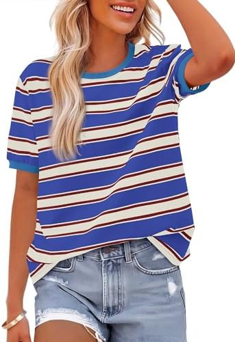 BTFBM Summer Tops for Women 2026 Crewneck Short Sleeve Striped T Shirts Casual Spring Clothes Col... | Amazon (US)
