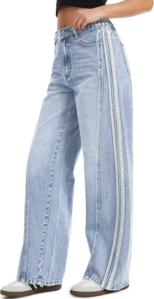 Tapata Women's 28"/30"/32"/34" Wide Leg Jeans Side Stripe Mid-Rise Elastic Waist Denim Pants Tren... | Amazon (US)